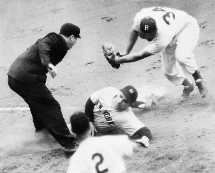 Framed Print : Game Four of the 1949 World Series between the New York Yankees and the Brooklyn Dodgers. Yogi Berra, New York Yankee catcher, was called safe after eluding Eddie Miksis (34) tag