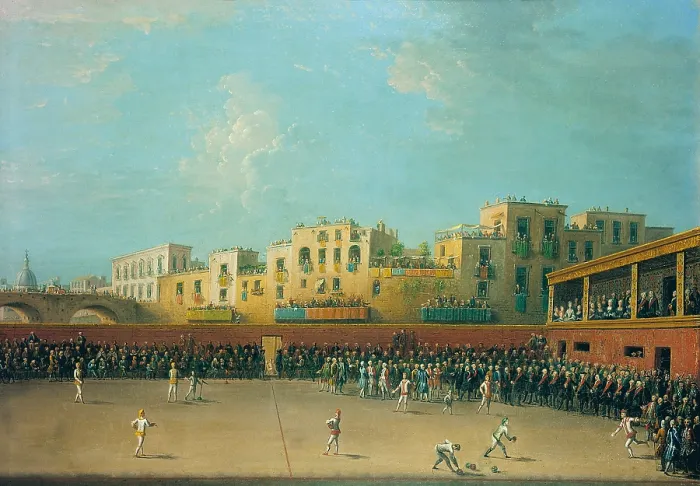 Framed Print : The Game of Palla a Bracciale (Il gioco della palla a bracciale), by Antonio Joli, 18th Century, oil on canvas - Detail