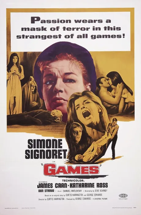 Framed Print : GAMES, top l-r: Katharine Ross, Simone Signoret, James Caan, Katharine Ross, bottom center: Katharine Ross on poster art, 1967 Framed Print : GAMES, top l-r: Katharine Ross, Simone Signoret, James Caan, Katharine Ross, bottom center: Katharine Ross on poster art, 1967