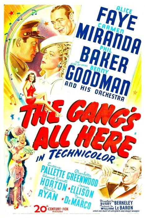Framed Print : THE GANG'S ALL HERE, US poster, from top clockwise: Phil Baker, Alice Faye, Sheila Ryan, James Ellison, bottom left: Carmen Miranda, bottom right: Benny Goodman, 1943