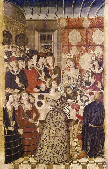 Framed Print : GARCIA DE BENABARRE, Pedro ( -1496). Herod's Banquet. Altarpiece of Saint John. c. 1470. Reproduction of the biblical passage where Salome holds St