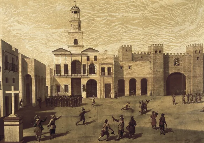 Framed Print : GARCIA, J. (16th century). View of San Juan de Dios square and Town Halls in Cadiz in 1596. Oil on canvas. SPAIN. CAdiz. City Hall. - P