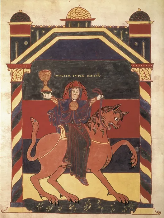 Framed Print : GARCIA, Stephanus (11th c.). Saint-Sever Beatus. c. 1060. Ms. Lat. 8878. Folio 52v. The Woman on the Beast. Depiction of the Whore of Babylon (Revelation 17:1-2)