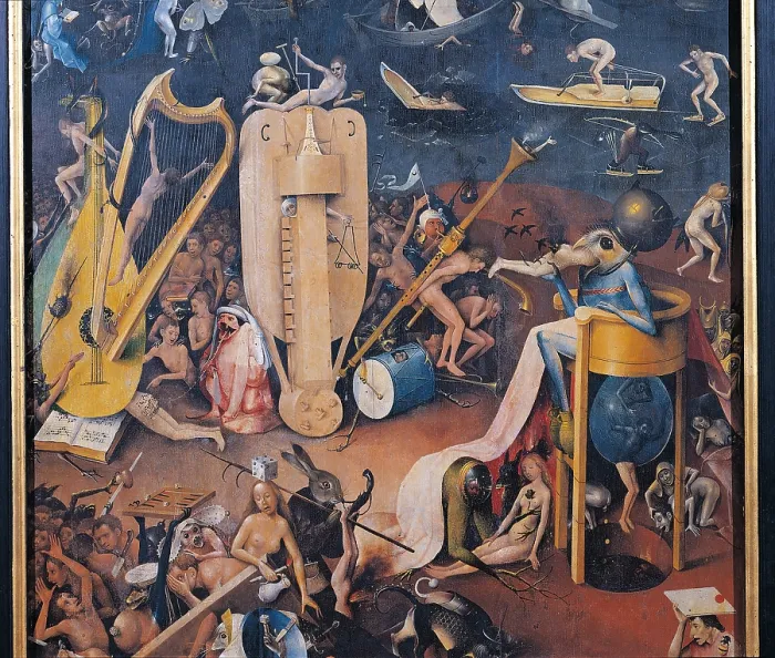 Framed Print : Garden of Earthly Delights - Hell Music, by Van Aeken Joren Anthoniszoon known as Bosch Hieronymus, 16th Century, 1503 -1504, oil on panel, cm 220 x 97 - Spain