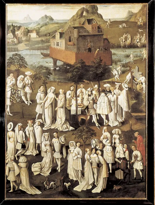 Framed Print : The Garden of Love at the Court of Philip the Good, Duke of Burgundy, in the Gardens of the Chateau de Hesdin in 1431. 16th c. Central detail of the courtiers. Oil on canvas