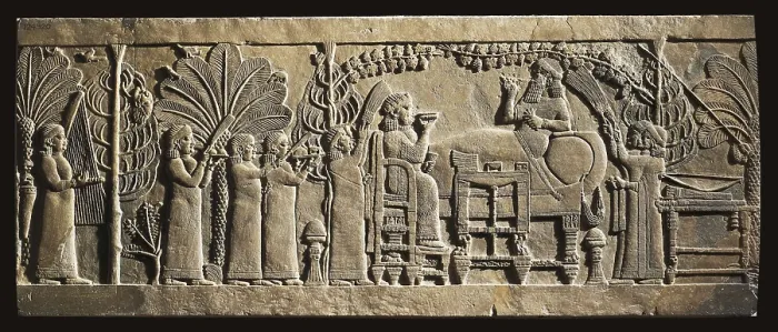 Framed Print : The Garden Party relief from the North Palace of Ashurbanipal. ca. 645 BC. Banquet scene with Ashurbanipal, the queen, servants and harp player. Assyrian art. Relief on rock Framed Print : The Garden Party relief from the North Palace of Ashurbanipal. ca. 645 BC. Banquet scene with Ashurbanipal, the queen, servants and harp player. Assyrian art. Relief on rock