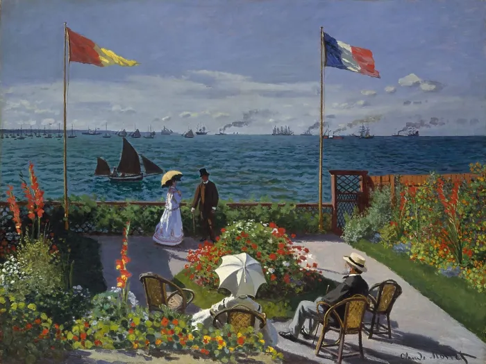 Framed Print : Garden at Sainte-Adresse, by Claude Monet, 1867, French impressionist painting, oil on canvas Framed Print : Garden at Sainte-Adresse, by Claude Monet, 1867, French impressionist painting, oil on canvas