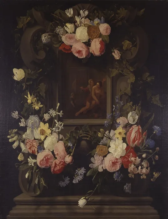 Framed Print : Garland of Flowers with Verturmno and Pomona, by Jan Philips van Thielen, 17th century, oil on canvas. - Italy, Lombardy, Milan, Brera Collection. Whole artwork view