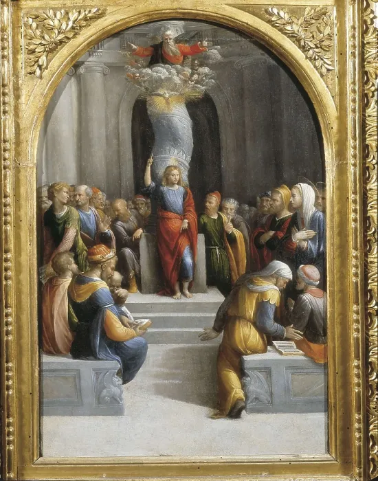 Framed Print : GAROFALO, Benvenuto Tisi, also called (1481-1559). Jesus among the Doctors of the Temple. Mannerism art. Oil on canvas. ITALY. Turin. Galleria Sabauda (Sabauda Gallery)