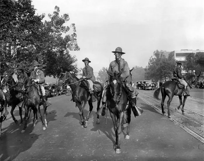 Framed Print : Gas Masked cavalry on Pennsylvania Avenue reinforce Washington DC police. Bonus Army veterans resisted police evictions from their shanty town on Anacostia Flats