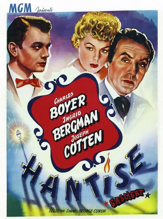 Framed Print : GASLIGHT, (aka HANTISE), French poster art, from left: Joseph Cotten, Ingrid Bergman, Charles Boyer, 1944 Framed Print : GASLIGHT, (aka HANTISE), French poster art, from left: Joseph Cotten, Ingrid Bergman, Charles Boyer, 1944