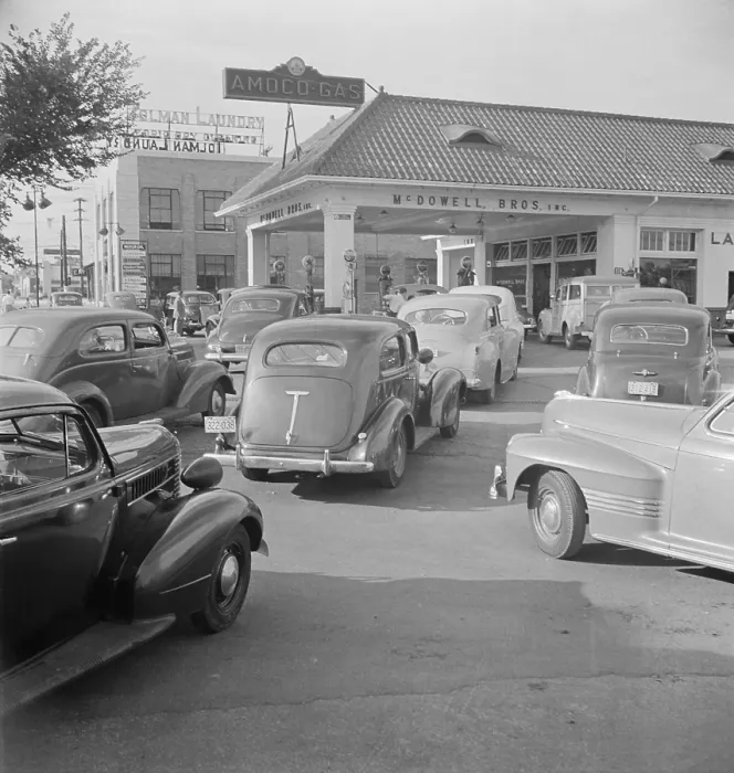 Framed Print : Gasoline lines on June 21, 1942, the day before rationing began during World War 2. Amoco Station on Wisconsin Avenue in Washington, D.C. (BSLOC_2013_14_171)