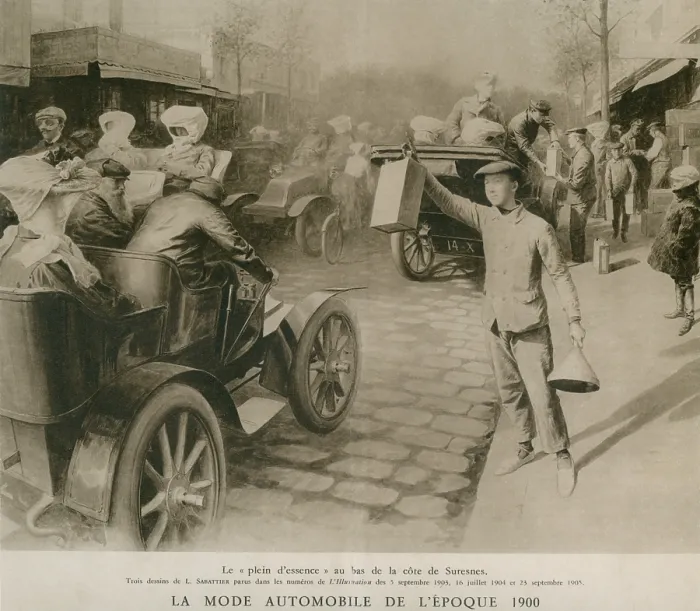 Framed Print : Gasoline vendors with gasoline cans and funnels sell fuel to drivers in Suresnes a suburb of Paris in 1903. Illustration by L. Sabattier