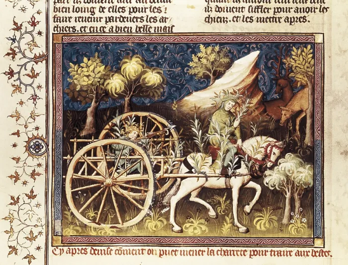 Framed Print : GASTON III de Foix-Bearn (1331 - 1391). Book of the Hunt (Livre de Chasse). 1387 - 1389. Hunters camouflaged with leaves. Illustration of 15th c. Gothic art. Miniature Painting