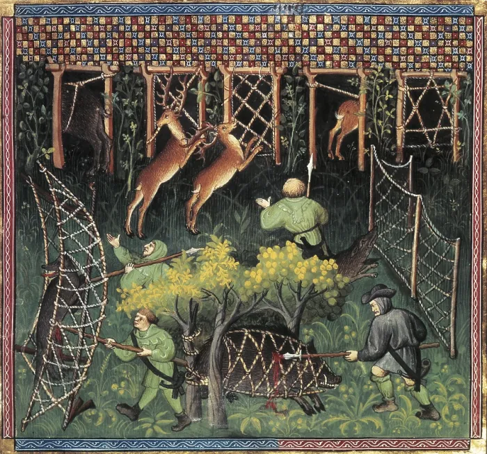 Framed Print : GASTON III de Foix-Bearn (1331 - 1391). Book of the Hunt (Livre de Chasse). 1387 - 1389. Hunting of deer and wild boar with nets. Illustration of 15th c. Gothic art