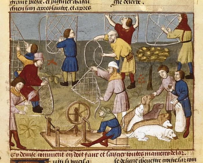 Framed Print : GASTON III de Foix-Bearn (1331 - 1391). Book of the Hunt (Livre de Chasse). 1387 - 1389. Making traps with ropes. Gothic art. Miniature Painting. FRANCE. Chantilly