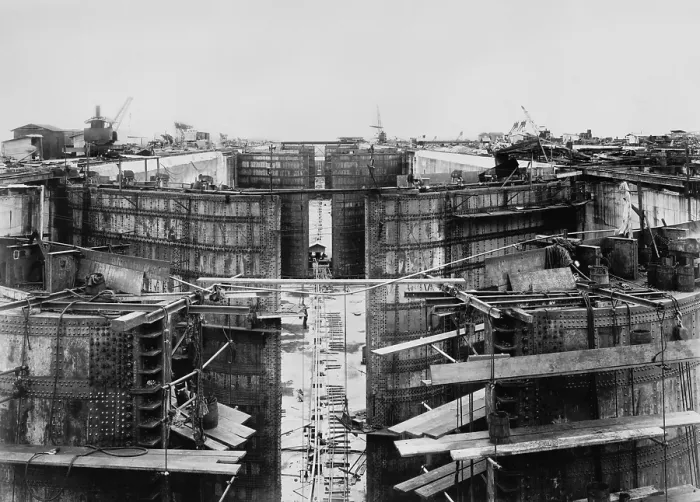 Framed Print : Gatun upper locks under construction in June 1912. This view to the north shows the gates in process of construction