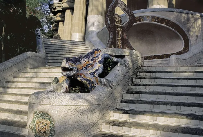 Framed Print : GAUDI i CORNET, Antoni (1852-1926). Park Gell. 1900-1914. SPAIN. Barcelona. Park Gell. Dragon located in the main straway. Modernism. Ceramics; Architecture