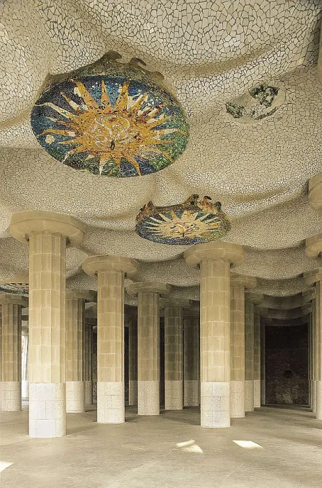 Framed Print : GAUDI i CORNET, Antoni (1852-1926). Park Gell. 1900-1914. SPAIN. Barcelona. Park Gell. Hypostyle Hall, decorated with ceramics designed by Josep Maria Jujol. Modernism