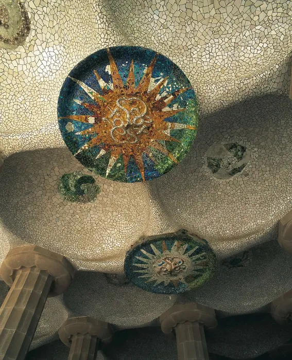 Framed Print : GAUDI i CORNET, Antoni (1852-1926). Park Gell. 1900-1914. SPAIN. Barcelona. Park Gell. Roof of the Sala Hipstila (Colonnade), decorated with mosaic plafonds. Modernism. Mosaic