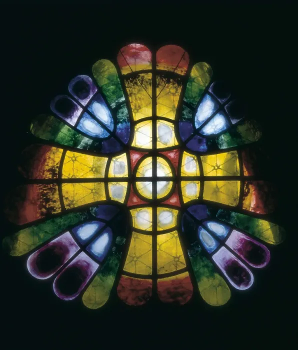 Framed Print : GAUDI i CORNET, Antoni (1852-1926). Colonia Gell. SPAIN. Santa Coloma de Cervell. Colonia Gell. Church crypt, stained glass window. Modernism. Glass window