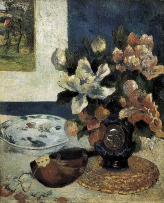 Framed Print : GAUGUIN, Paul (1848-1903). Still Life with a Mandolin. 1885. In the background there is a landscape of Armand Guillaumin 'Verger en Ile-de-France'. Symbolism