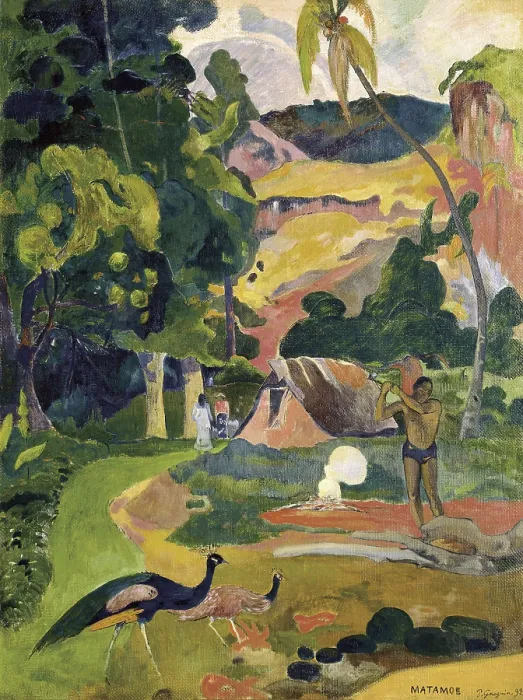 Framed Print : GAUGUIN, Paul (1848-1903). Matamoe or Landscape with Peacocks. 1892. Post-Impressionism. Oil on canvas. RUSSIA. Moscow. Pushkin Museum of Fine Arts