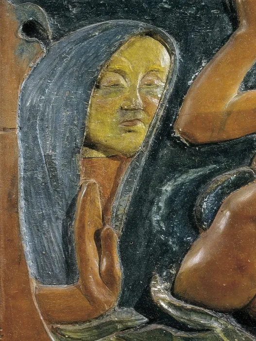 Framed Print : GAUGUIN, Paul (1848-1903). Be Mysterious. Left detail. Inspired by his painting: 'Woman in the Waves or Ondine'. Polychrome wood. Impressionism. Relief. FRANCE. Paris Framed Print : GAUGUIN, Paul (1848-1903). Be Mysterious. Left detail. Inspired by his painting: 'Woman in the Waves or Ondine'. Polychrome wood. Impressionism. Relief. FRANCE. Paris