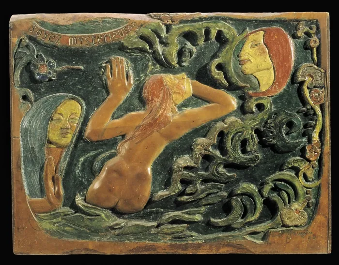 Framed Print : GAUGUIN, Paul (1848-1903). Be Mysterious. Inspired by his painting: 'Woman in the Waves or Ondine'. Polychrome wood. Symbolism. Pont-Aven school. Relief. FRANCE. Paris