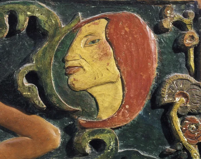 Framed Print : GAUGUIN, Paul (1848-1903). Be Mysterious. Right upper detail. Inspired by his painting: 'Woman in the Waves or Ondine'. Polychrome wood. Symbolism. Pont-Aven school Framed Print : GAUGUIN, Paul (1848-1903). Be Mysterious. Right upper detail. Inspired by his painting: 'Woman in the Waves or Ondine'. Polychrome wood. Symbolism. Pont-Aven school