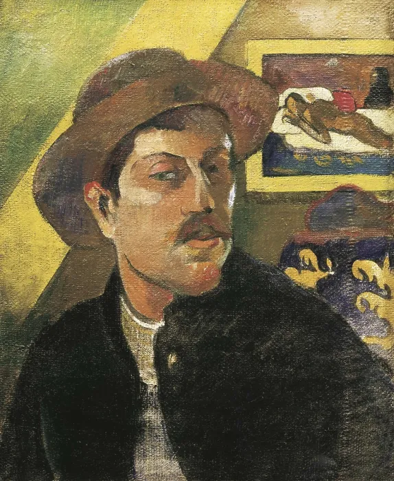 Framed Print : GAUGUIN, Paul (1848-1903). Self Portrait in a Hat. 1893 - 1894. Portrait in Montparnasse's workshop. In the background there is his painting 'Manao Tupapau'
