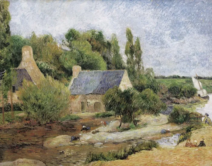 Framed Print : GAUGUIN, Paul (1848-1903). Washerwomen at Pont-Aven (Les lavandires Pont-Aven). 1886. Symbolism. Pont-Aven school. Oil on canvas. FRANCE. Paris. Muse d'Orsay (Orsay Museum)