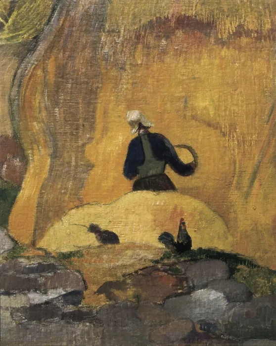 Framed Print : GAUGUIN, Paul (1848-1903). Yellow Haystacks, or Golden Harvest. 1889. Central detail. Peasant with a sickle in front of a haystack and hens. Impressionism. Oil on canvas. FRANCE Framed Print : GAUGUIN, Paul (1848-1903). Yellow Haystacks, or Golden Harvest. 1889. Central detail. Peasant with a sickle in front of a haystack and hens. Impressionism. Oil on canvas. FRANCE