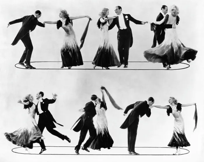 Framed Print : THE GAY DIVORCEE, top from left: Fred Astaire, Ginger Rogers at various points within the dance 'The Continental, ' 1934