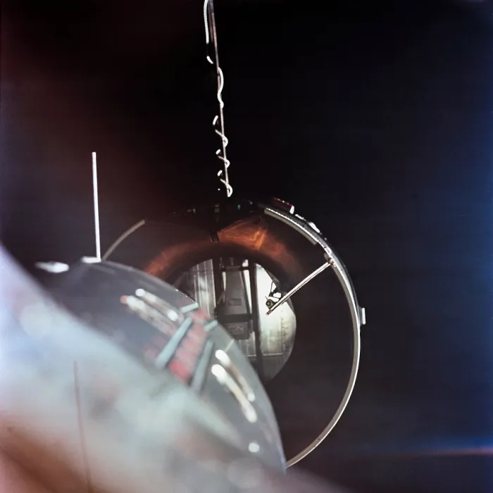 Framed Print : Gemini 8 spacecraft approaching the Agena Target Docking vehicle. The mission conducted the first docking of two spacecraft in orbit. March 16, 1966 Framed Print : Gemini 8 spacecraft approaching the Agena Target Docking vehicle. The mission conducted the first docking of two spacecraft in orbit. March 16, 1966