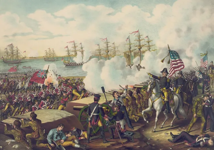 Framed Print : Gen. Andrew Jackson on horseback commanding US troops in Battle of New Orleans. British troops in redcoats, march into American fire from a fortified line on Jan. 8, 1815 Framed Print : Gen. Andrew Jackson on horseback commanding US troops in Battle of New Orleans. British troops in redcoats, march into American fire from a fortified line on Jan. 8, 1815
