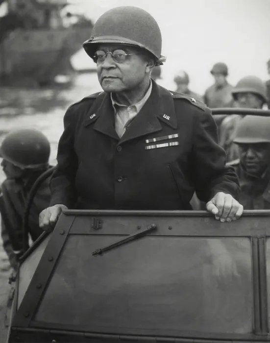Framed Print : Gen. Benjamin O. Davis watches a Signal Corps crew erecting poles, in France, Aug. 8, 1944. Davis was the first African-American general officer in the United States Army