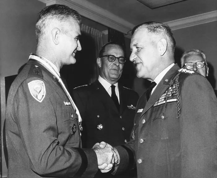 Framed Print : Gen. Creighton Abrams replaced Gen. William Westmoreland as U.S. Commander in Vietnam in June 1968. In 1967 photo, L-R: Gen. Westmoreland; Earle Wheeler, Chrm