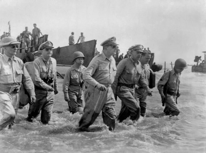 Framed Print : Gen. Douglas MacArthur wades ashore during initial landings at Leyte Island, Philippines. Oct. 20, 1944. (BSLOC_2013-12_89) Framed Print : Gen. Douglas MacArthur wades ashore during initial landings at Leyte Island, Philippines. Oct. 20, 1944. (BSLOC_2013-12_89)