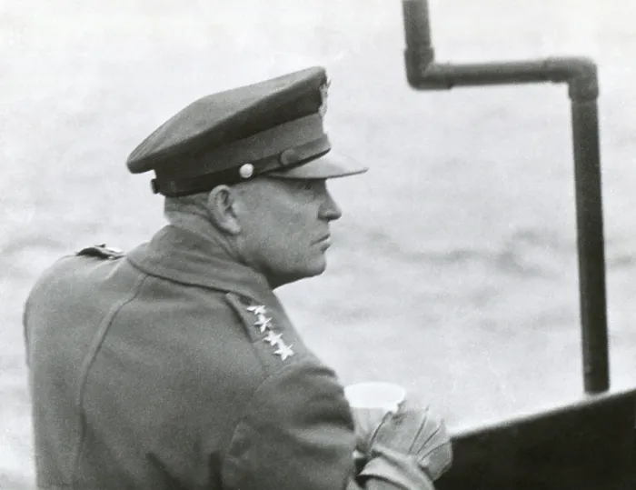 Framed Print : Gen. Dwight Eisenhower sailing to the Normandy landing site the day after the D-Day invasion. He was anxious and angry, because communications sent from Gen Framed Print : Gen. Dwight Eisenhower sailing to the Normandy landing site the day after the D-Day invasion. He was anxious and angry, because communications sent from Gen