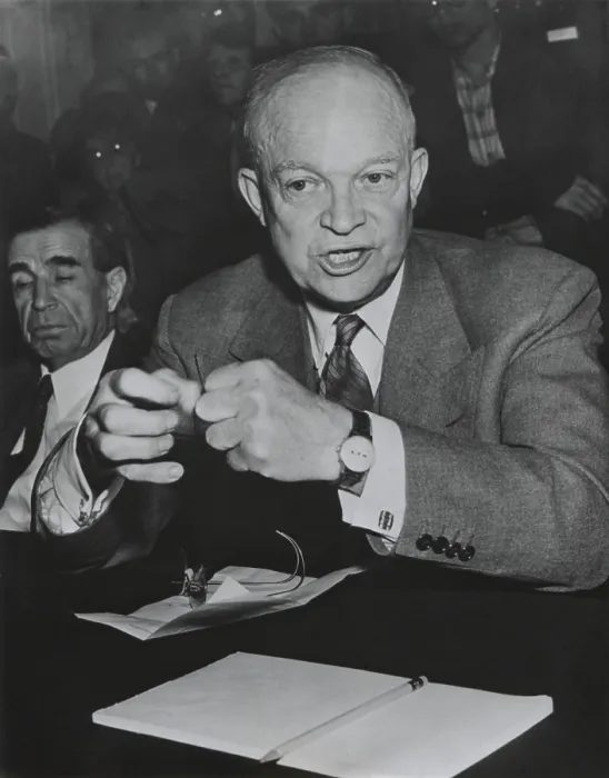 Framed Print : Gen. Dwight Eisenhower testifies to a Senate Finance Committee on the post war reduction of defense spending. March 1950. - (BSLOC_2014_16_65)