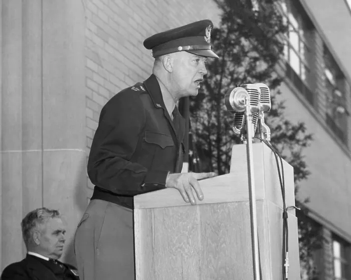 Framed Print : Gen. Eisenhower speaking at the Aircraft Engine Research Laboratory at Lewis Field, Cleveland, Ohio
