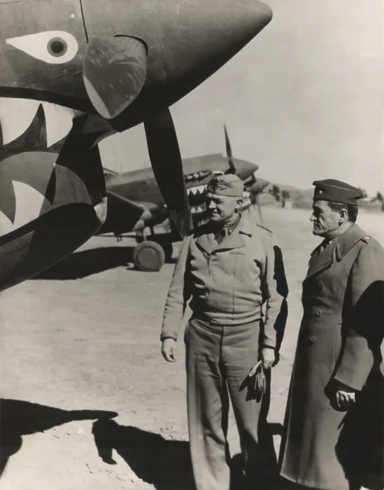 Framed Print : Gen. Henry Hap Arnold looks at a Curtiss P-40 with Gen. Claire Chennault (right)