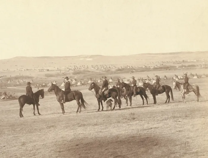 Framed Print : Gen. Miles and staff viewing the hostile Indian Camp, near Pine Ridge Agency, Jan. 16, 1891 Framed Print : Gen. Miles and staff viewing the hostile Indian Camp, near Pine Ridge Agency, Jan. 16, 1891