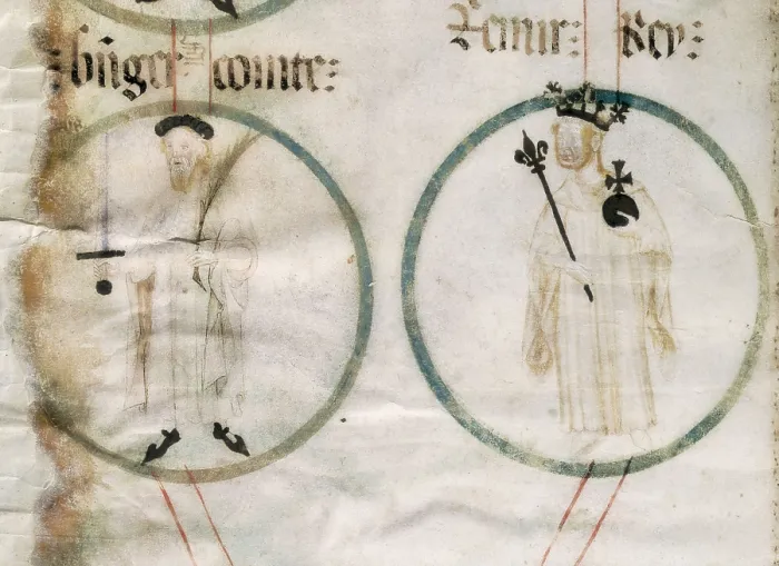 Framed Print : Genealogy of the Crown of Aragon. ca. 1410. Detail of the Kings Ramn Berenguer III and Ramiro II. Gothic art. Miniature Painting. SPAIN. Vimbod. Monastery of Poblet