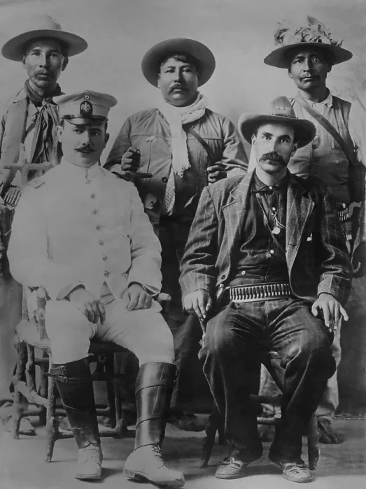 Framed Print : General Alvaro Obregon, poses with his staff of indigenous Yaquis in the Sonora militia. C. 1912-1915