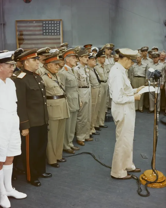 Framed Print : General of the Army Douglas MacArthur, Supreme Allied Commander, Southwest Pacific Area, at the opening of the surrender ceremonies, on board USS Missouri, Sept. 2, 1945 Framed Print : General of the Army Douglas MacArthur, Supreme Allied Commander, Southwest Pacific Area, at the opening of the surrender ceremonies, on board USS Missouri, Sept. 2, 1945