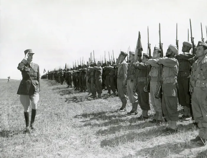 Framed Print : General Charles DeGaulle reviews French Expeditionary Forces. Montenero area, Italy, June 29, 1944. World War 2. (BSLOC_2014_8_143)