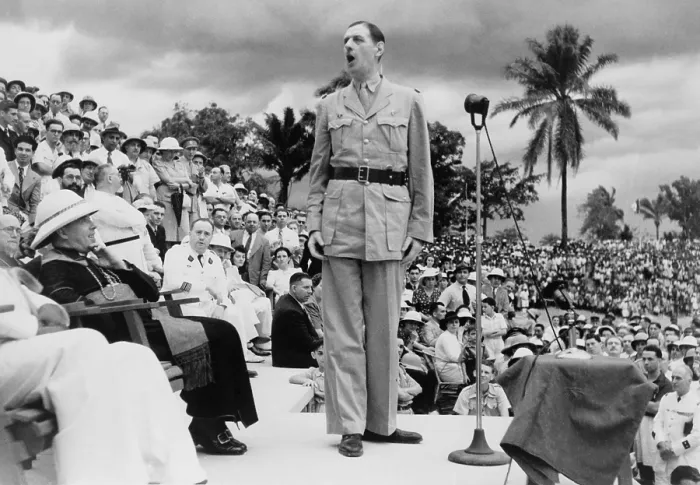 Framed Print : General Charles de Gaulle speaking at the African-French Conference in Brazzaville, Congo, 1944. Brazzaville Conference began major reforms in French colonial policy. World War 2