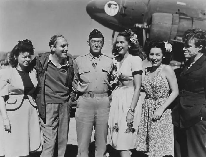 Framed Print : General Claire L. Chennault with USO entertainers in Kunming, China, October 26, 1944 Framed Print : General Claire L. Chennault with USO entertainers in Kunming, China, October 26, 1944